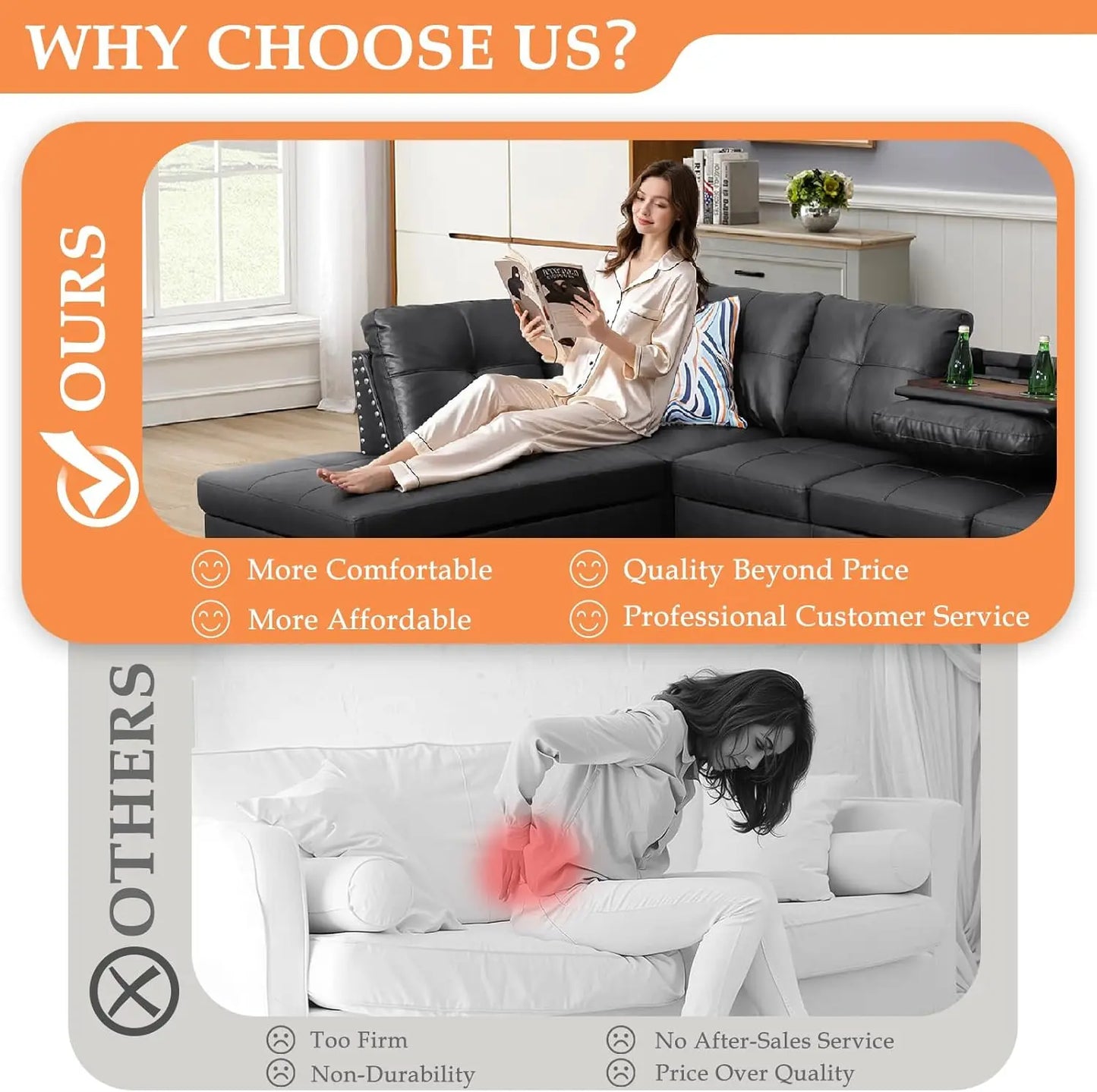 Black Faux Leather Sectional Sofa with Ottoman & Chaise | Ljustra Nordkveld