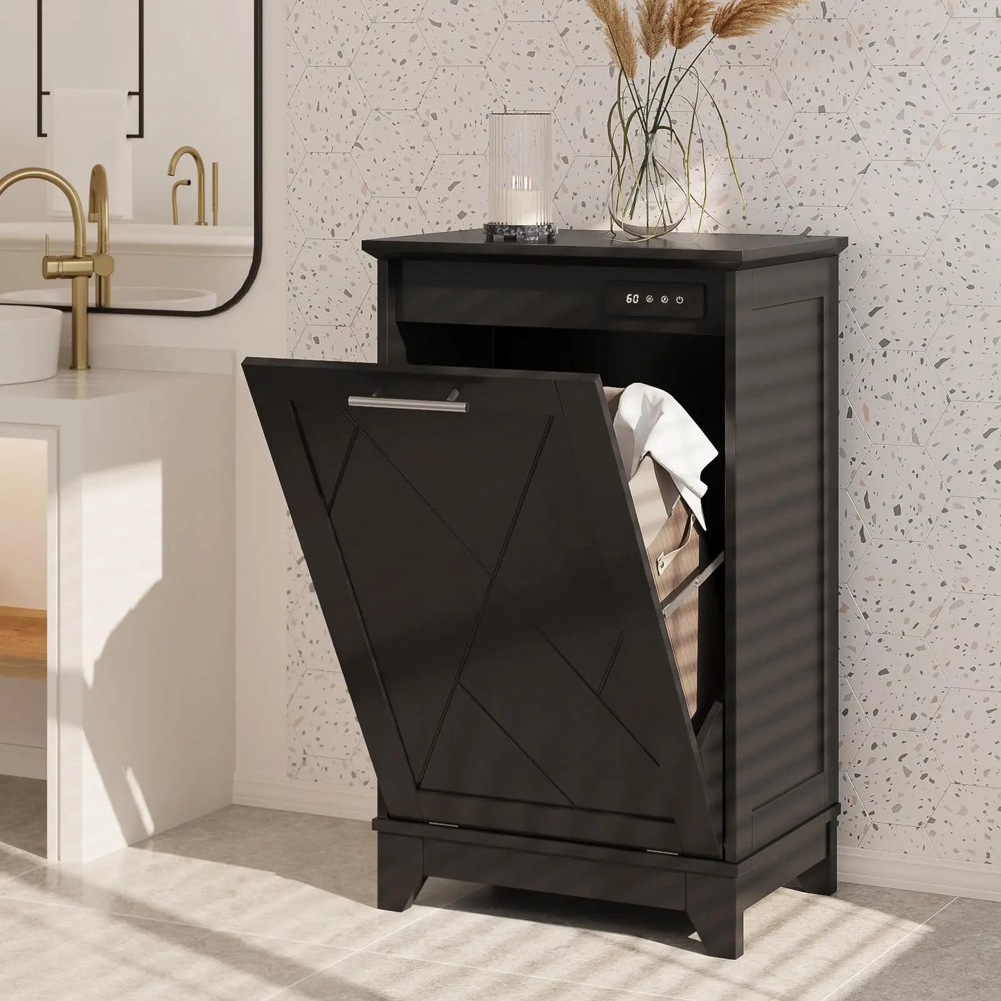 Tilt Out Trash Can Cabinet with Charging Station and Deodorizing Function
