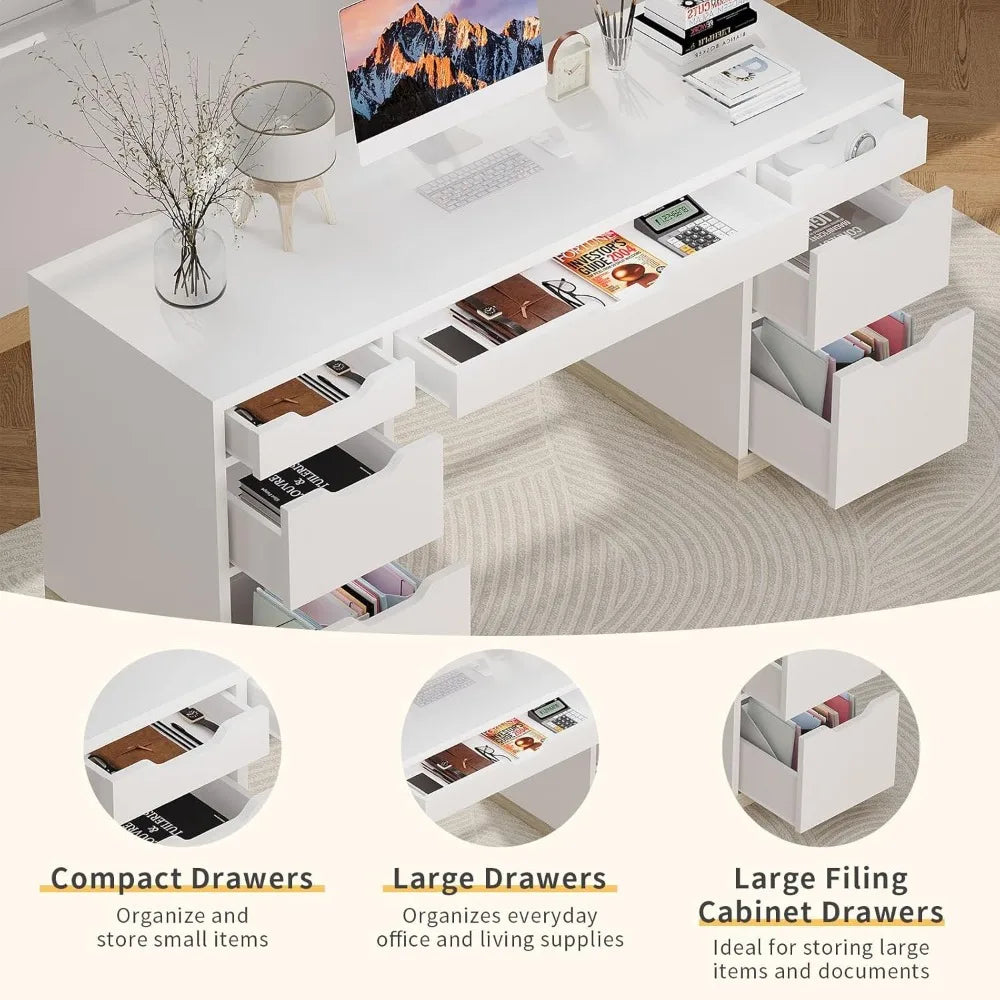 54 Inch White Desk with 7 Storage Drawers Home Office Computer Desk