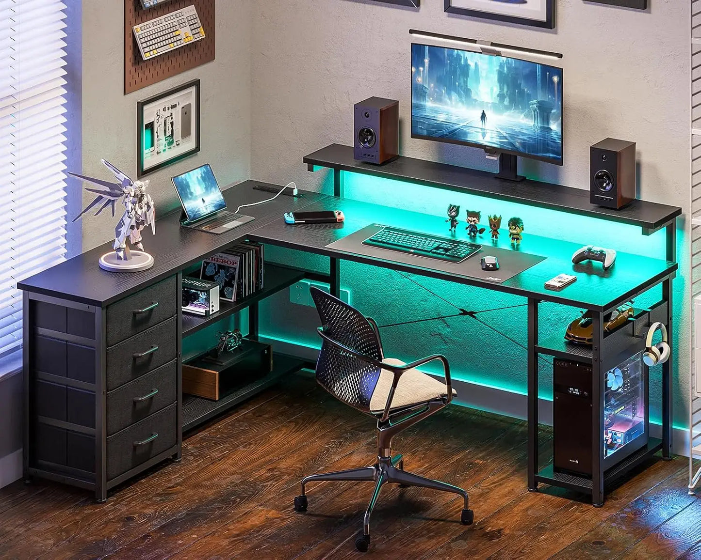 61 Inch L Shaped Desk with Drawer Power Outlets LED Lights Home Office