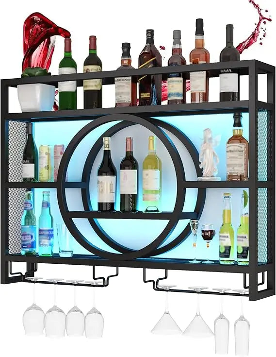Wall Mounted Wine Rack with Floating Shelves LED Lighting Glass Holder