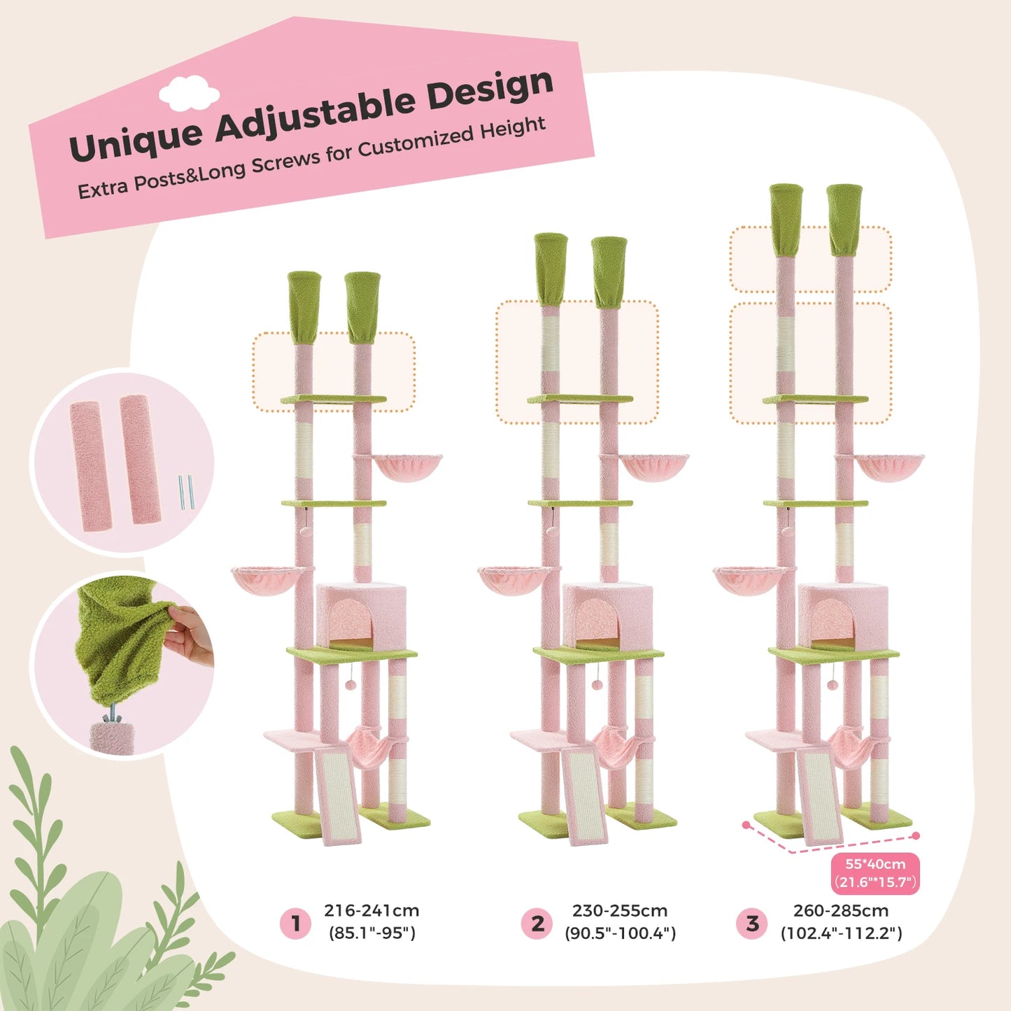 Cactus Cat Tree Floor to Ceiling Cat Tower 7 Tiers with Hammocks and Scratching Posts