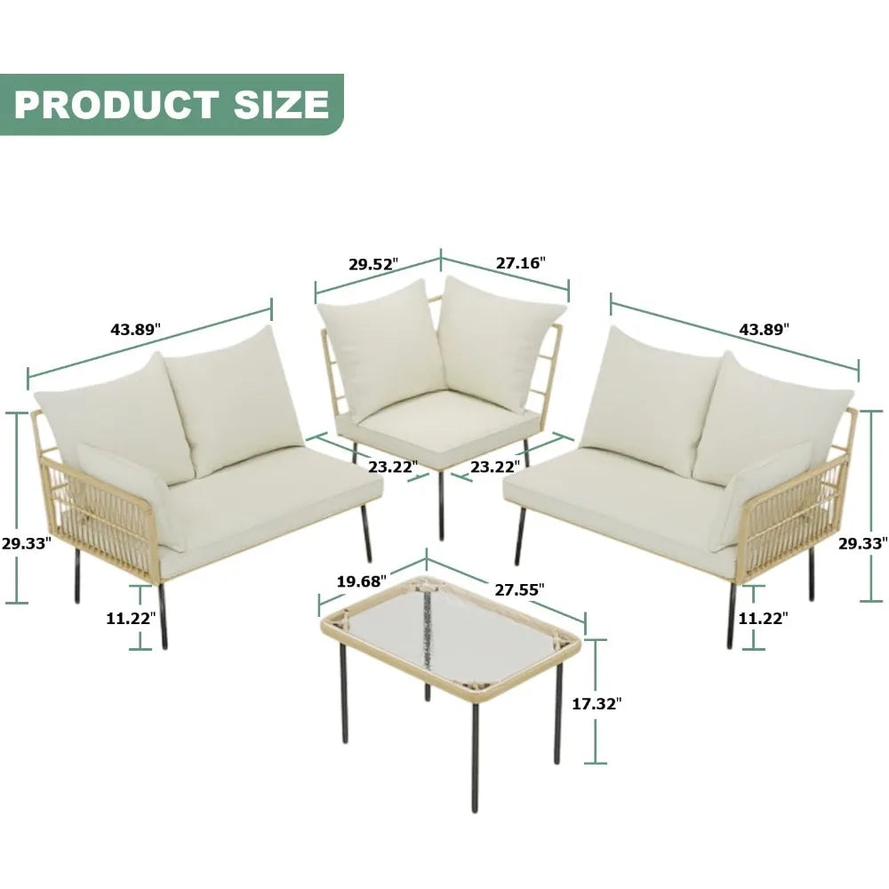 4-Piece Outdoor Wicker Patio Furniture Set with Cushions & Coffee Table – Boho L-Shaped Sectional