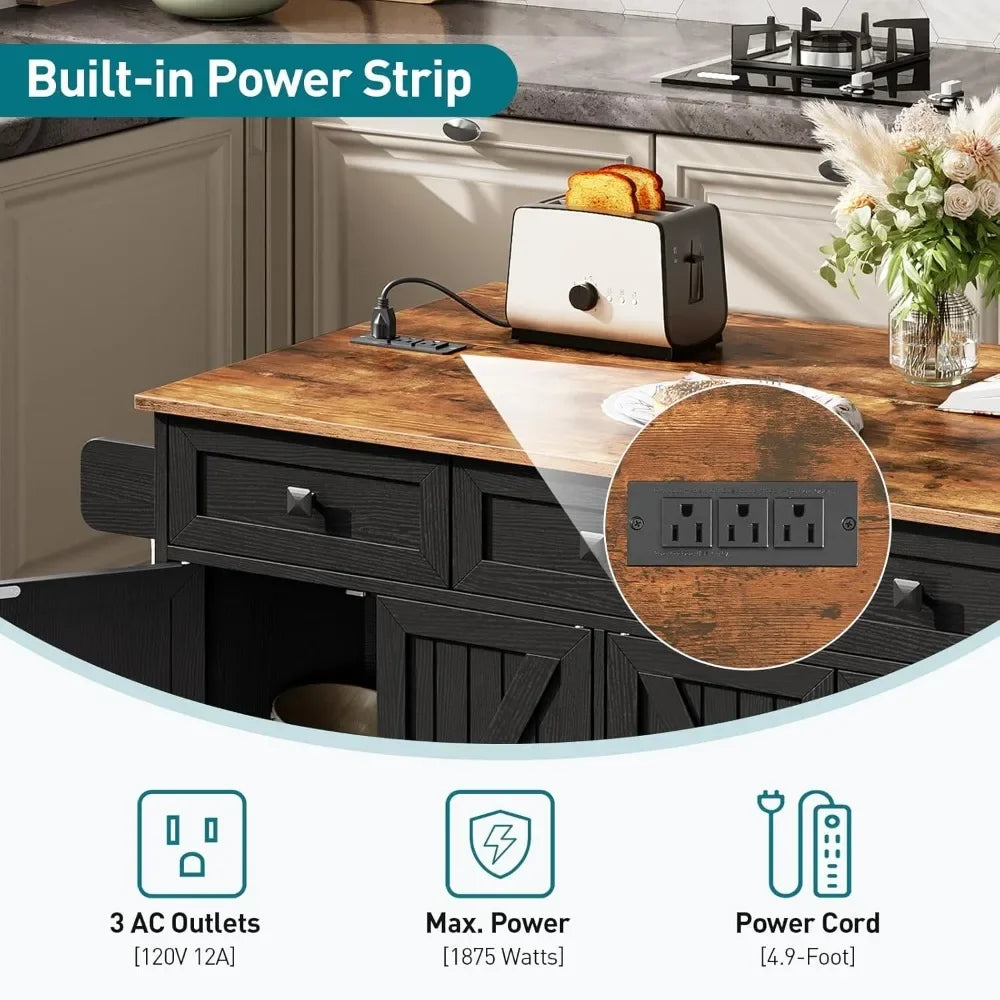 Kitchen Island with Drop Leaf Rolling Cart and Charging Station Storage