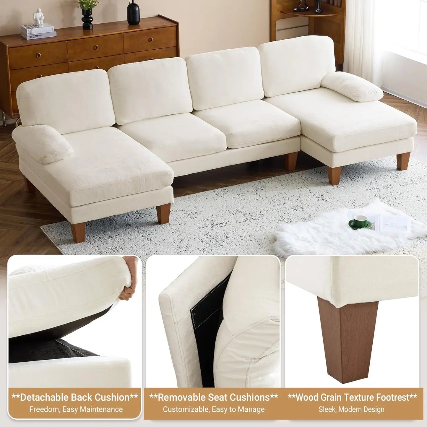 Ljustra Modern U-Shape Couch, 4-Seat Chenille Sectional Sofa, Burnt Orange, 110"