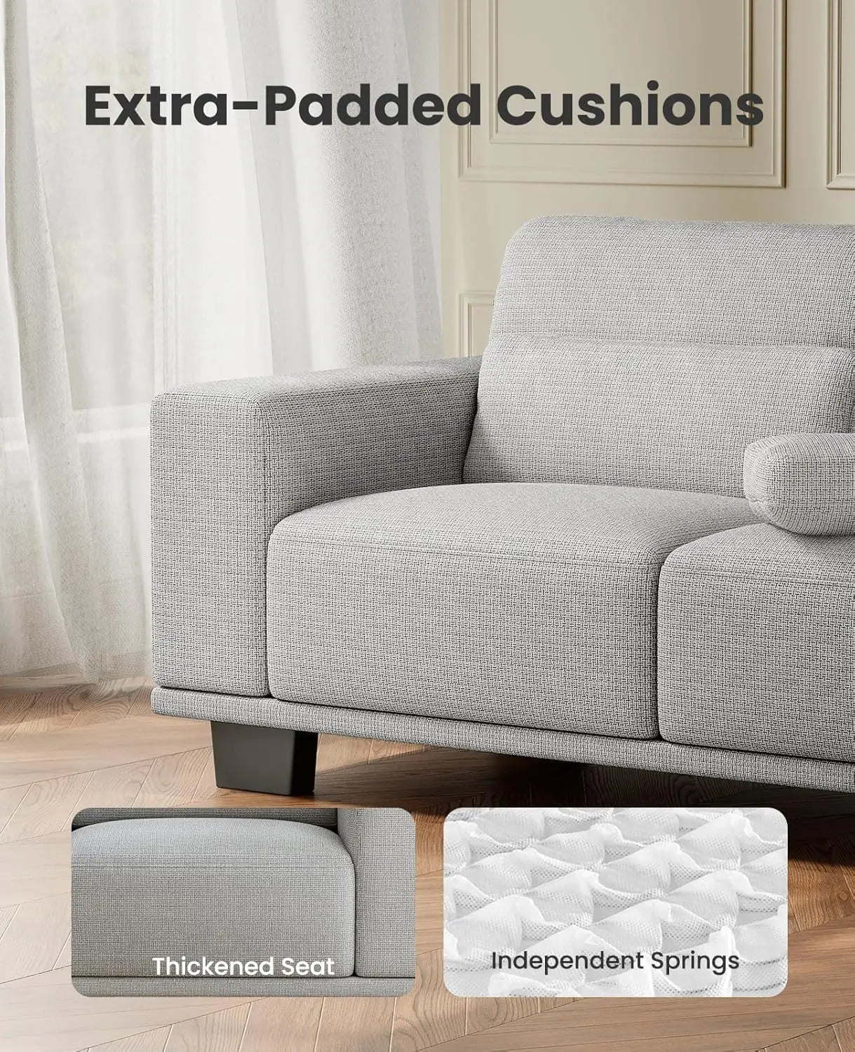 89" 3-Seater Sofa Couch with Deep Seats, Wide Armrests & Removable Covers – Modern Grey Linen