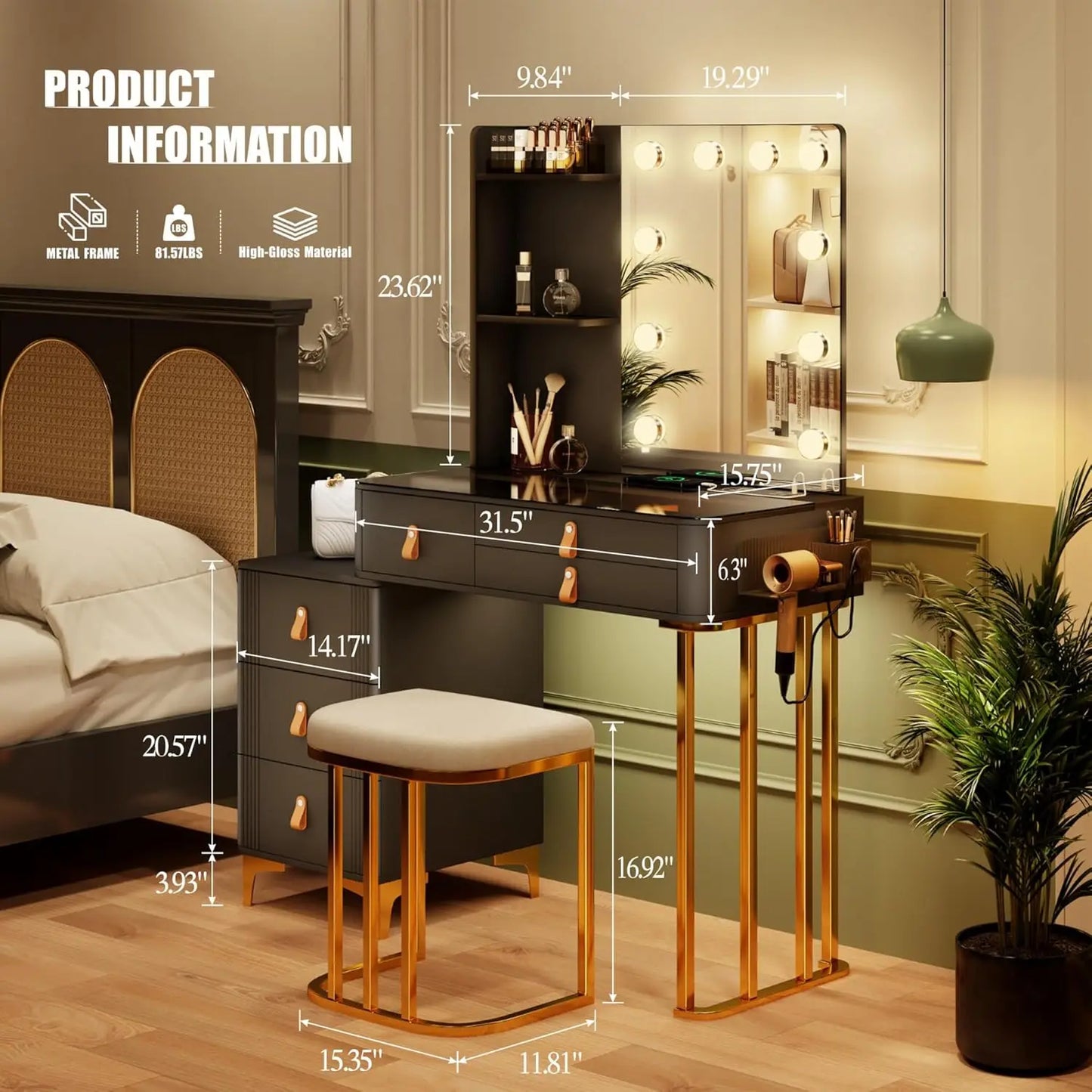 Makeup Vanity with Lights 10 Bulbs 3 Modes Storage Dresser Table