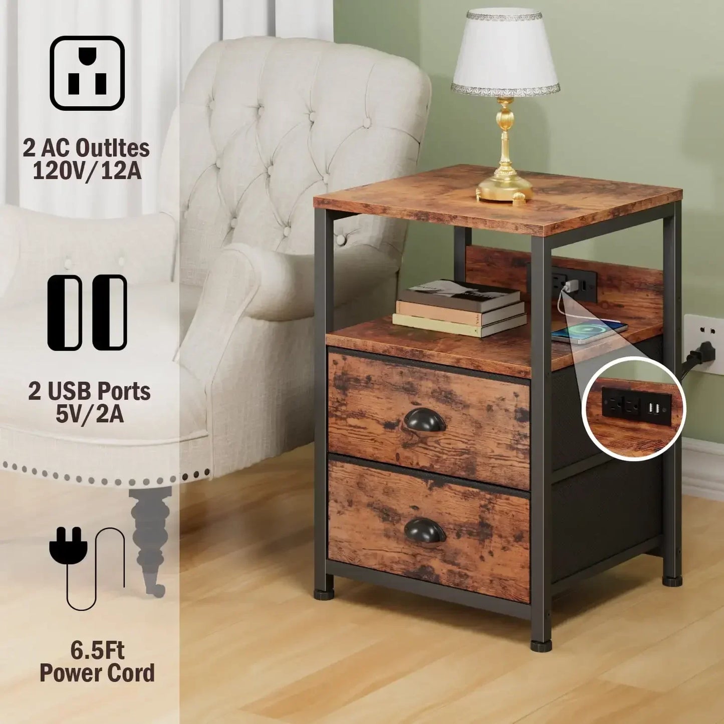 Nightstand Set of 2 with Charging Station and Drawers Rustic Style