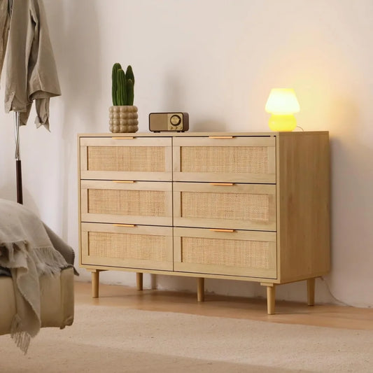 Rattan Dresser Bedroom Storage 6 Drawer Modern Chest with Gold Handles