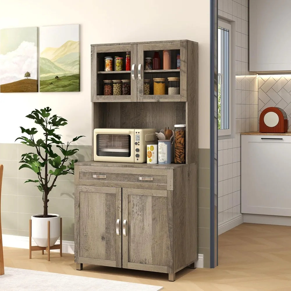 67 Inch Modern Pantry Storage Cabinet with Glass Doors and Adjustable Shelves