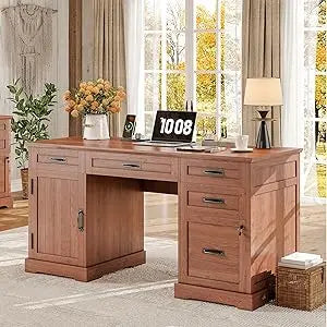 55 Inch Farmhouse Desk with Drawers Charging Station for Home Office