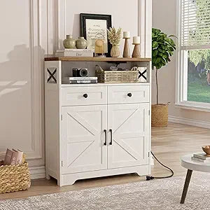 47 Inch Dark Brown Farmhouse Storage Cabinet with Barn Doors and Drawers
