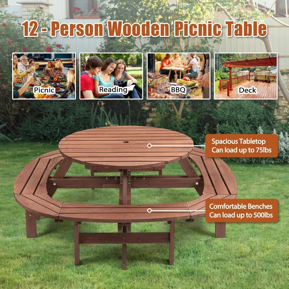 10 Person Solid Wood Outdoor Round Picnic Table and Bench Set