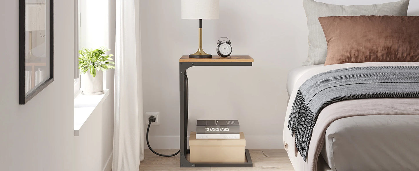 Shaped End Table Set of 2 with Charging Station USB Ports Storage Bag