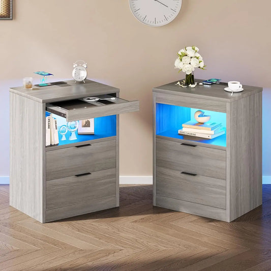 LED Nightstand Set of 2 with Wireless Charging Station and Drawers