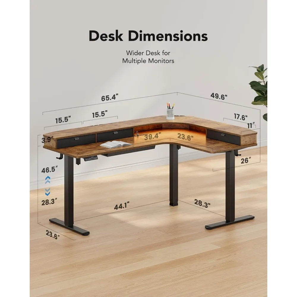 65 Inch L Shaped Electric Height Adjustable Standing Desk with Power Outlets
