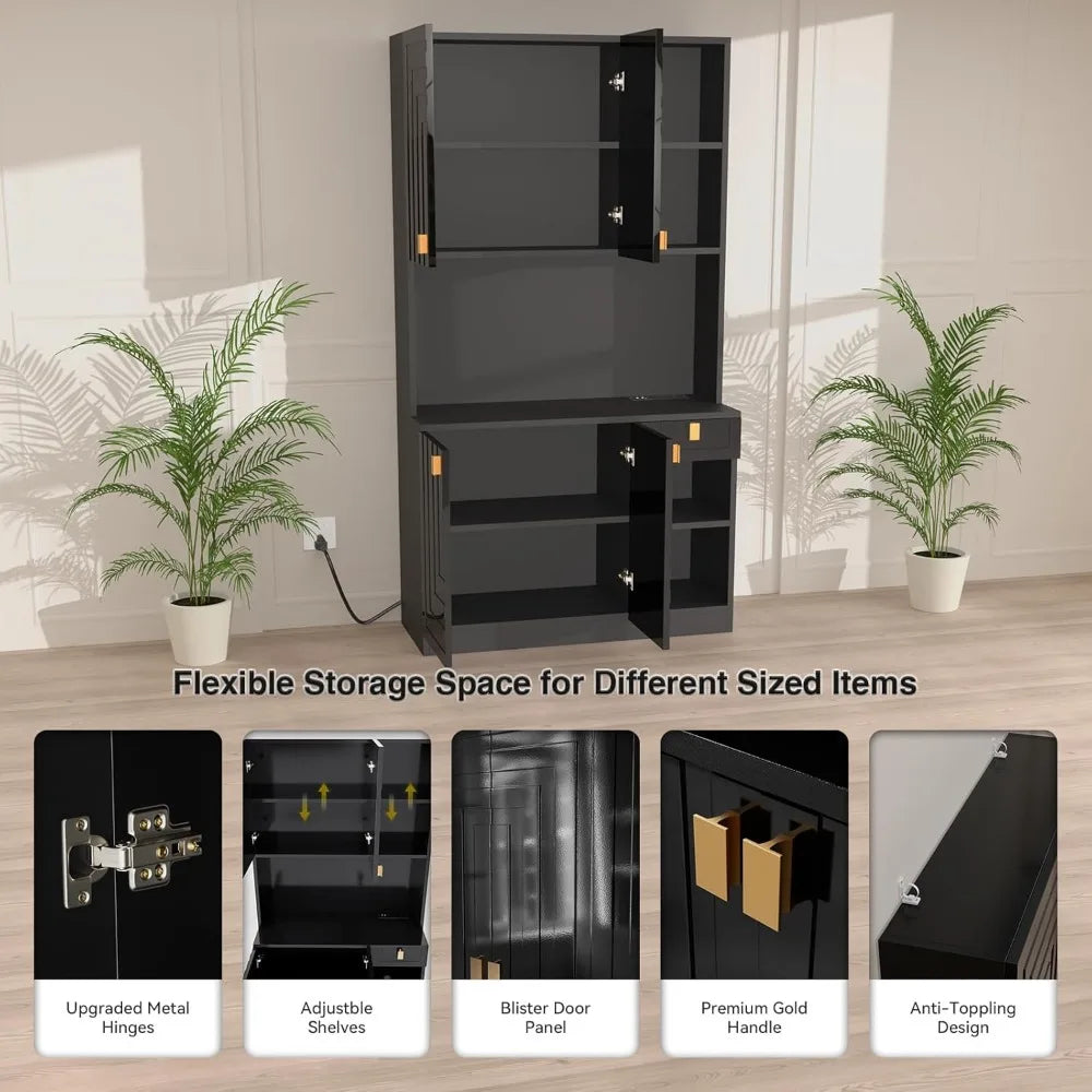 Kitchen Pantry Cabinet with Countertop Power Outlet Adjustable Shelves