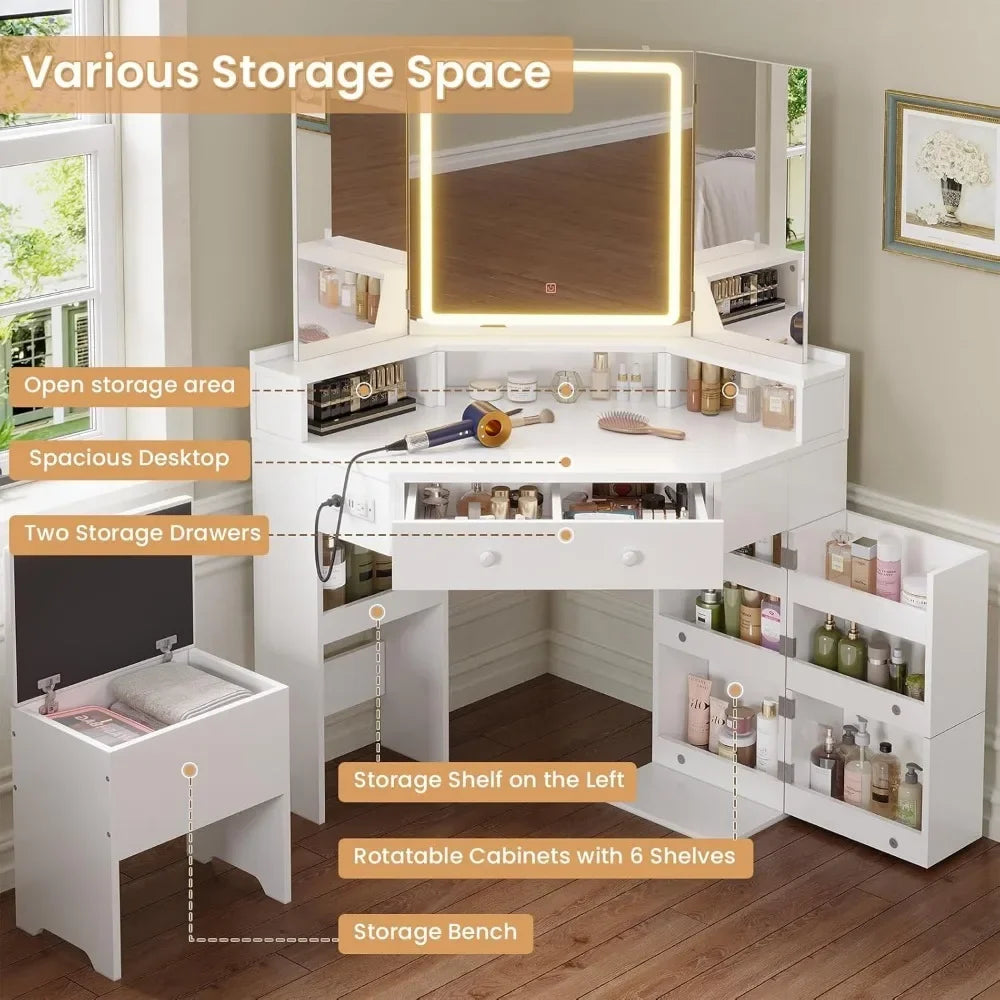 Modern Vanity Desk Tri-Fold Mirror Lights Storage Corner Makeup Table