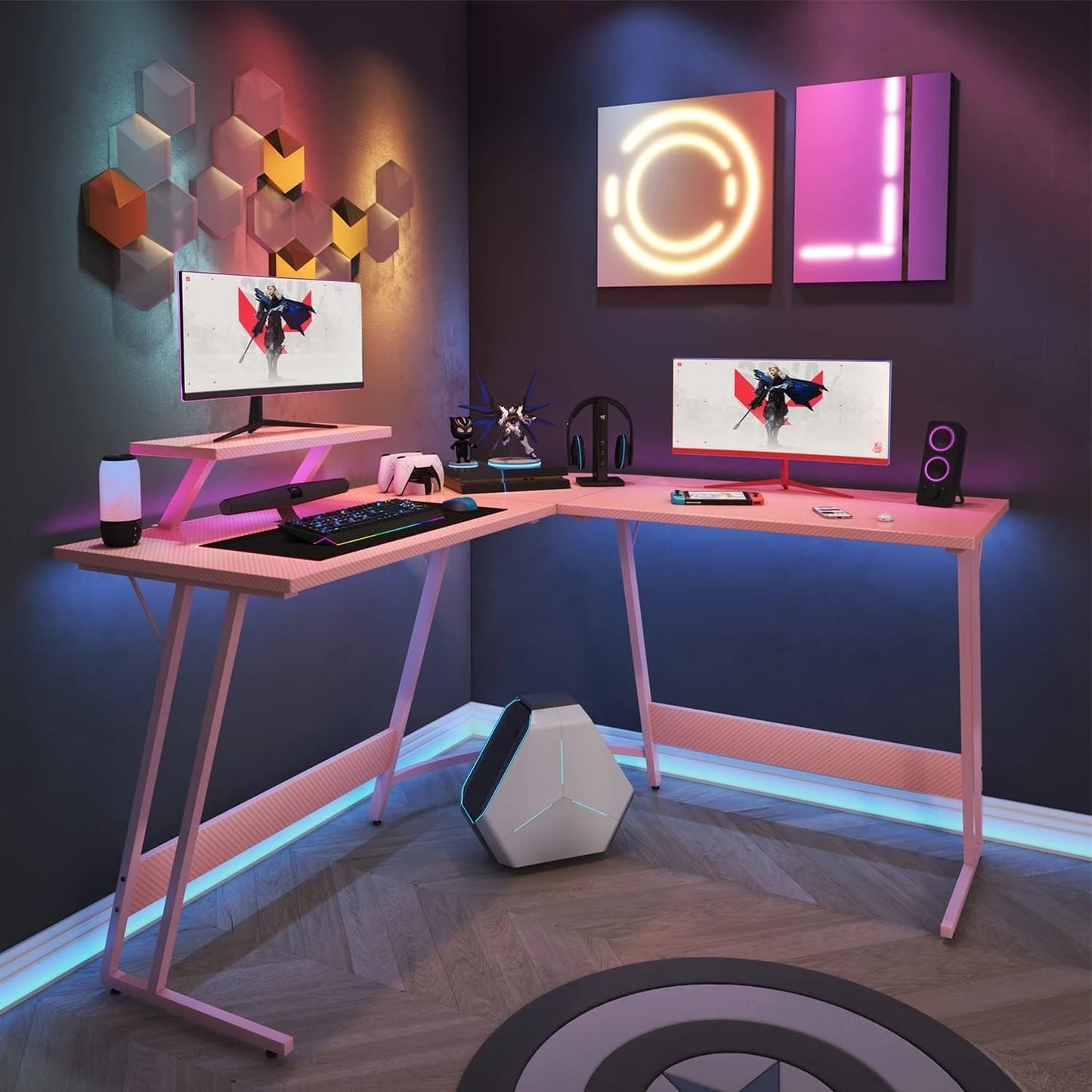**** Pink L Shaped Gaming Desk Computer Corner Table with Monitor Stand