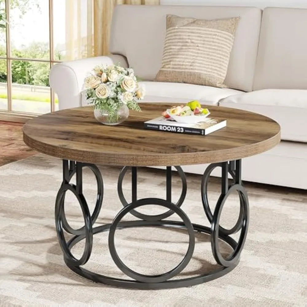 31.5 Inch Round Coffee Table Rustic Modern Accent Furniture Industrial Design