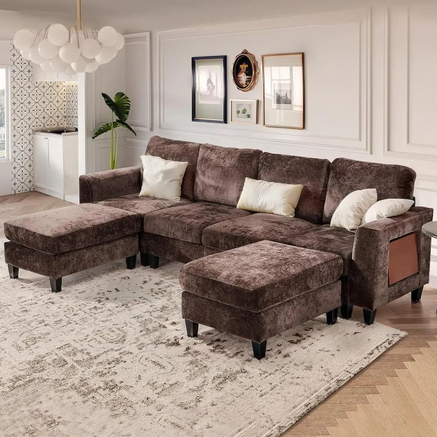 Ljustra 118 Inch U Shaped Sectional Sofa Ottoman Side Table Brown