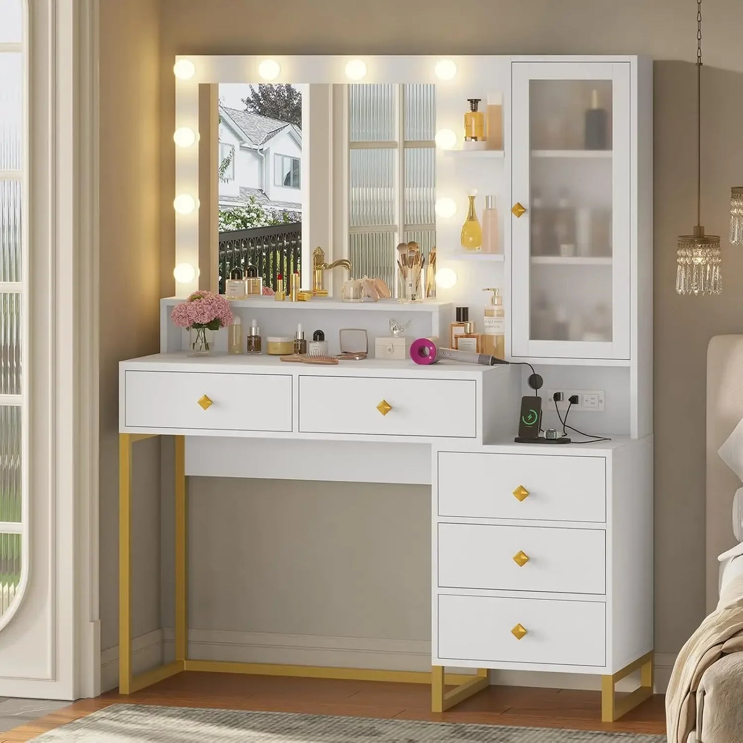 Large Makeup Vanity with Lights Charging Station and 5 Drawers
