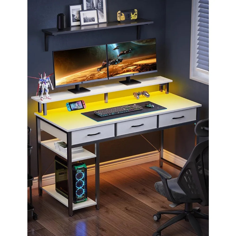 Computer Desk with Power Outlets LED Light Storage Shelves 47 Inch