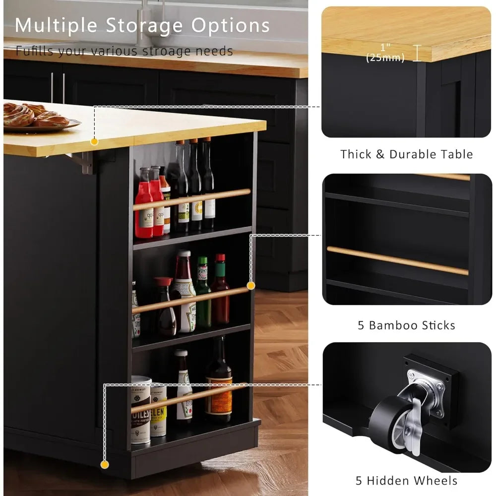 Kitchen Storage Island on Wheels with Drop Leaf Power Outlet Rolling Cart