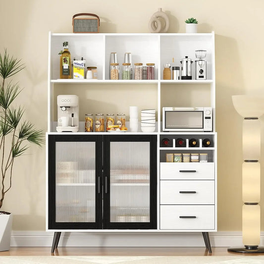 Freestanding Hutch Pantry Cabinet with Drawers Glass Doors Wine Storage