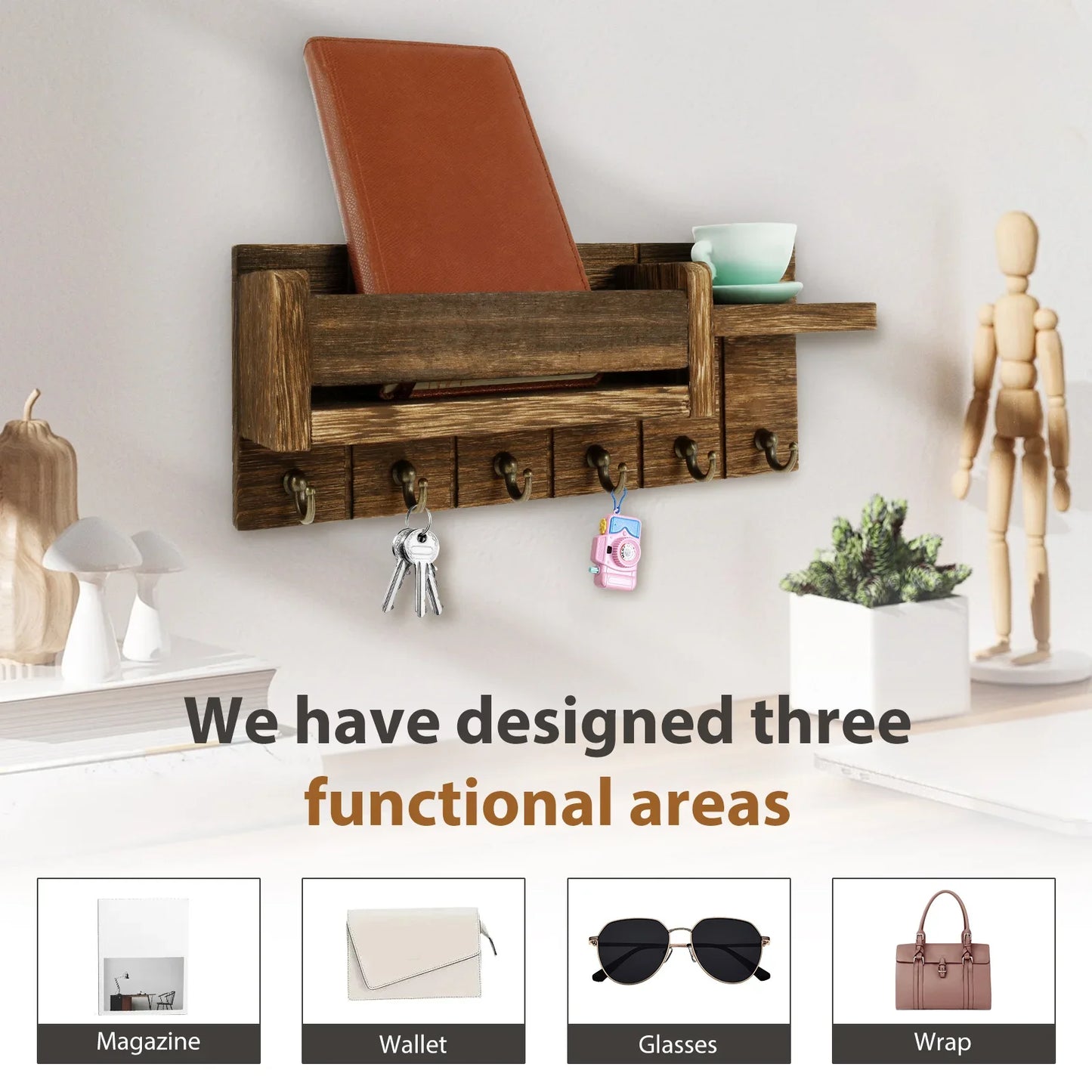 Wall Mounted Mail Organizer Key Holder with Shelf Hooks for Entryway