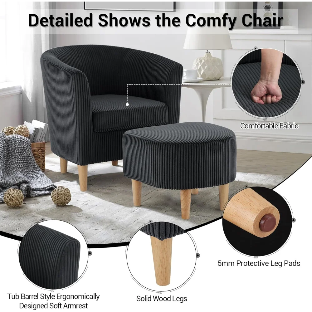 Accent Chair with Ottoman Mid Century Modern Barrel Comfy Living Room Chair