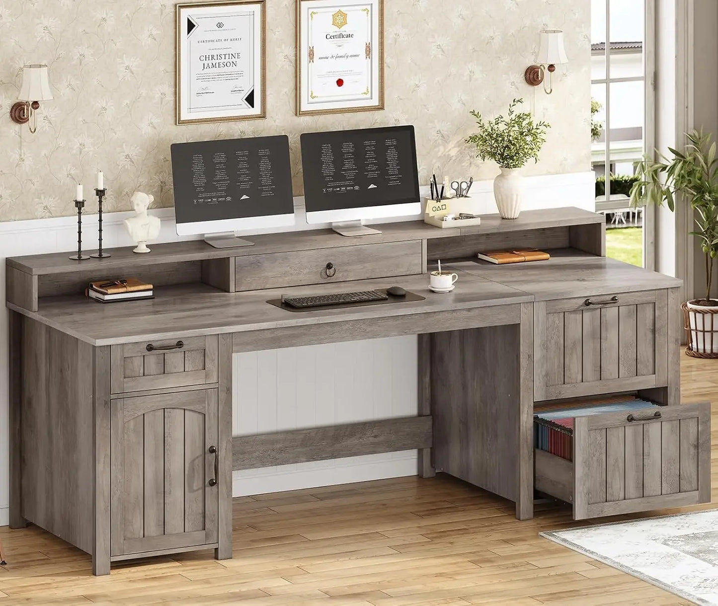 Farmhouse Executive Desk with File Drawer and Monitor Stand for Home Office