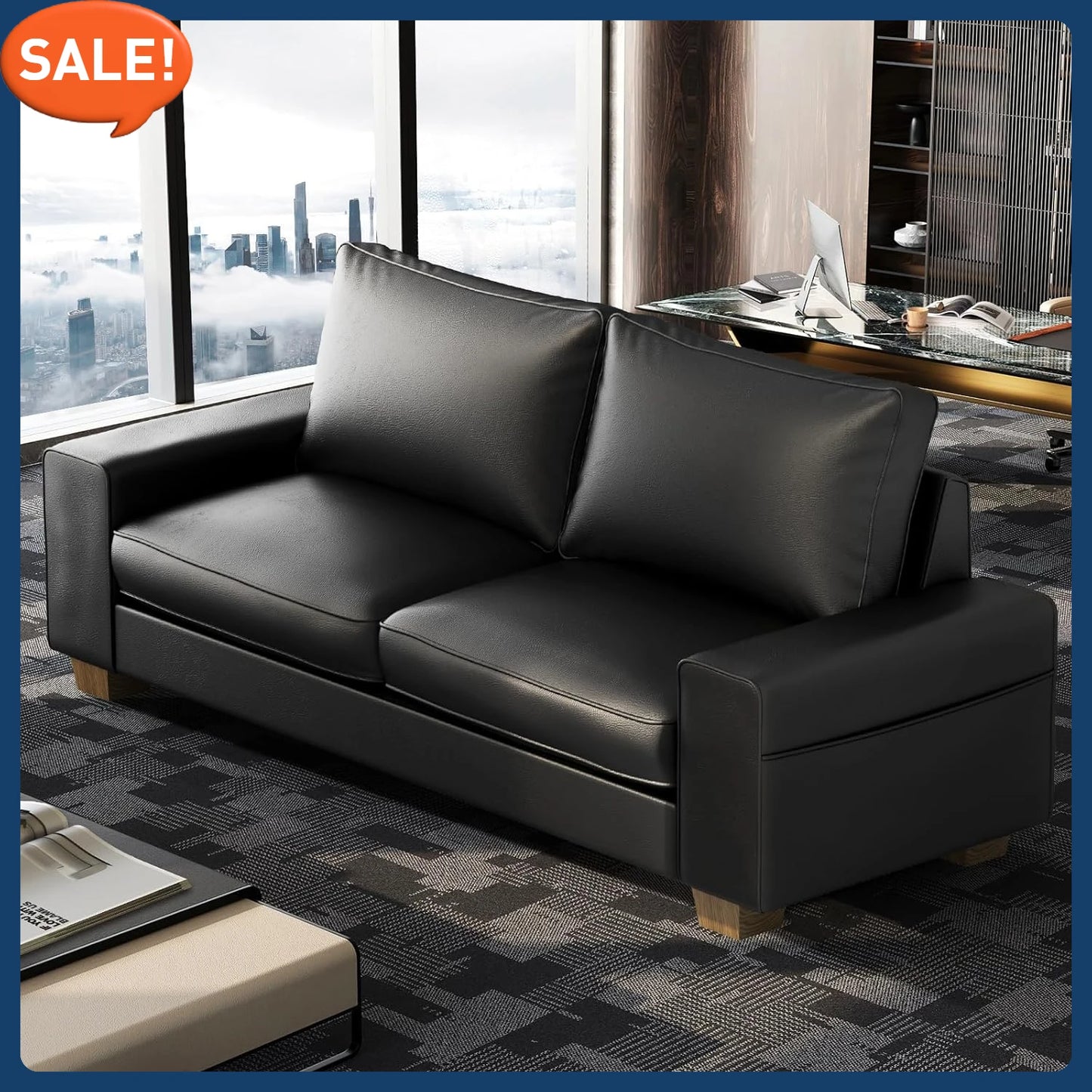 Mid Century Modern Faux Leather Loveseat Sofa with Side Pockets