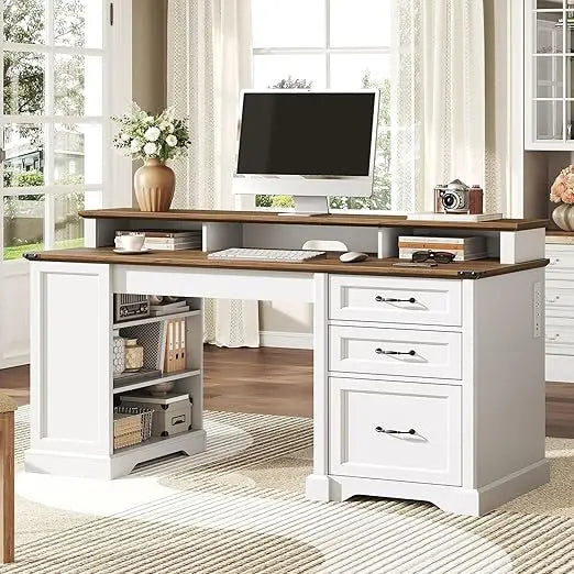 55 Inch Farmhouse Executive Desk with Drawers and Monitor Stand