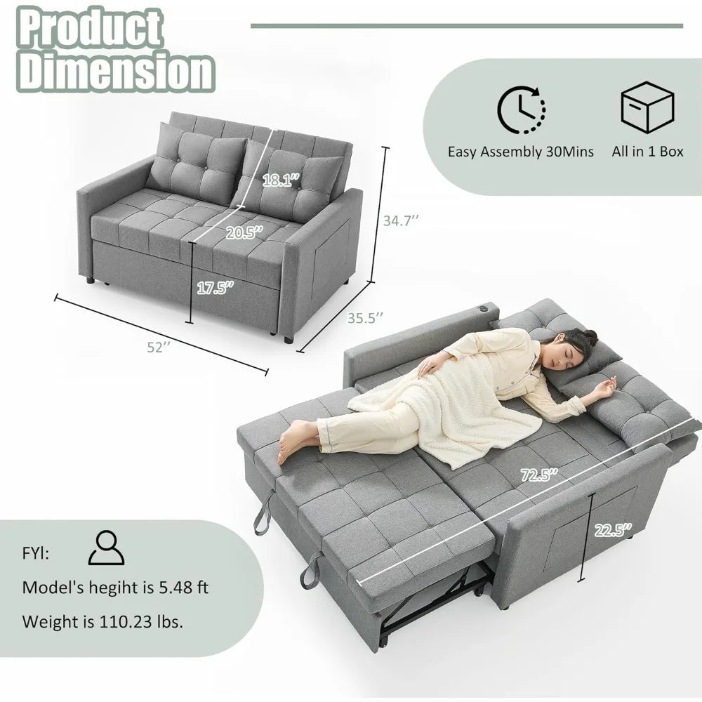 52 Inch Sleeper Sofa Bed Loveseat with Adjustable Backrest and USB Ports