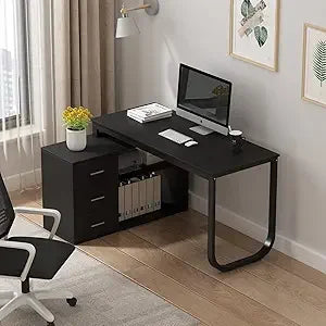 L-Shaped Home Office Desk with Storage 3 Drawers 2 Shelves Modern Design