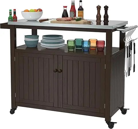 Outdoor Storage Cabinet Wood Prep Grill Table Stainless Steel Top