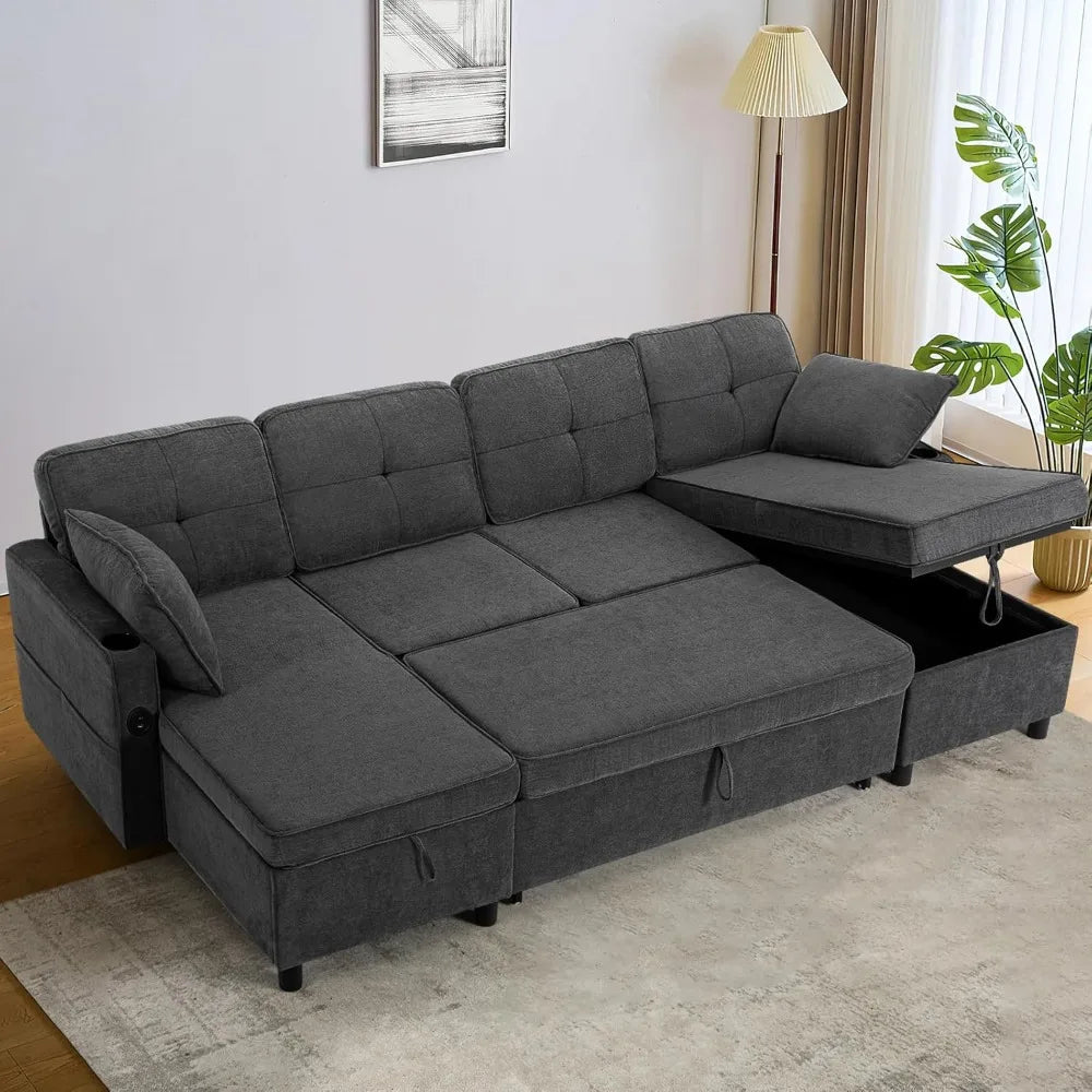 Ljustra Modern Chenille Sectional Sofa, U-Shaped, Pull Out Bed, Adjustable Back, Storage Chaises