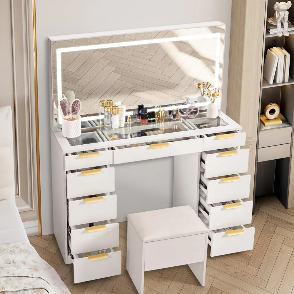 Ljustra Glass Top Vanity Desk with Mirror and Lights 11 Drawers Stylish Design