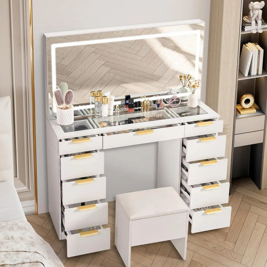 Ljustra Glass Top Vanity Desk with Mirror and Lights 11 Drawers Stylish Design