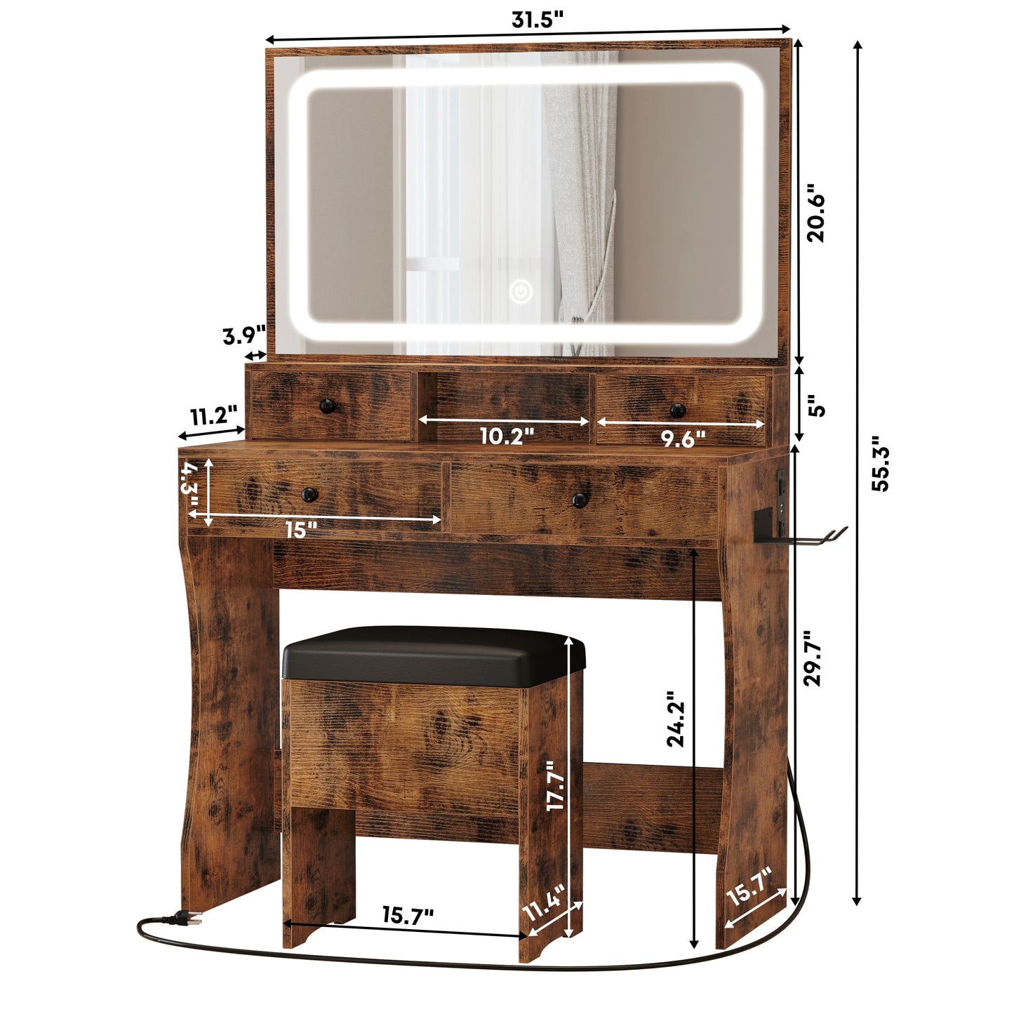Ljustra Vanity Desk with LED Mirror Power Outlet and 4 Drawers