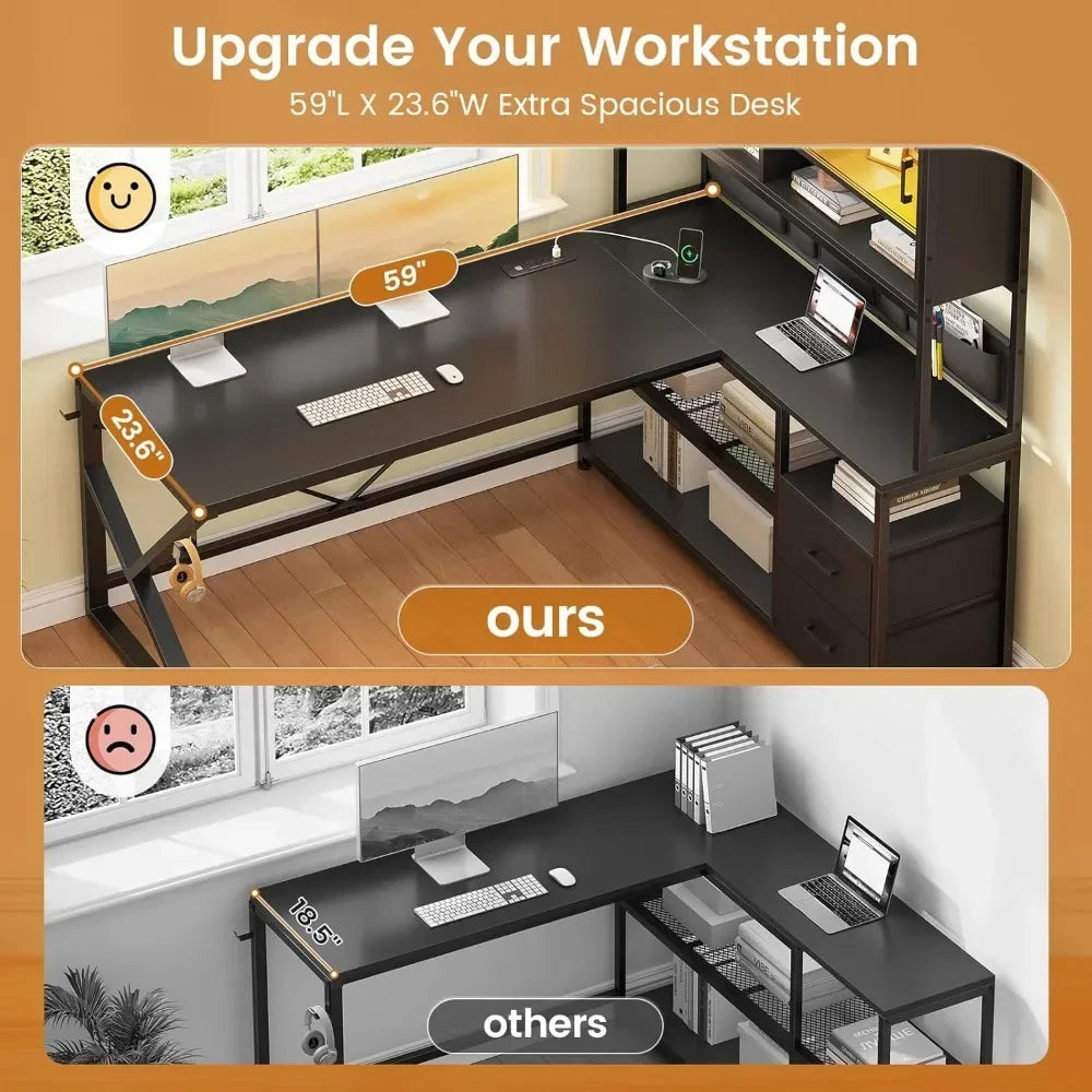 L Shaped Gaming Desk with LED Light and Storage for Home Office