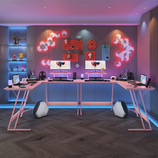 **** Pink L Shaped Gaming Desk Computer Corner Table with Monitor Stand