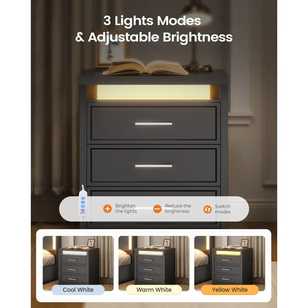 Night Stand with Charging Station LED Lightbox 3 Drawer Bedside Table