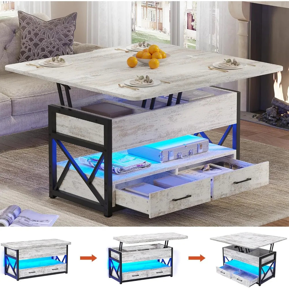 40 Inch Lift Top Coffee Table with Storage LED Light and Drawers