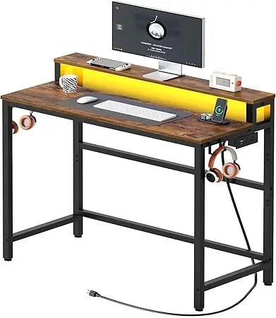 Desk with Charging Station LED Lights Gaming Desk Monitor Stand Home Office