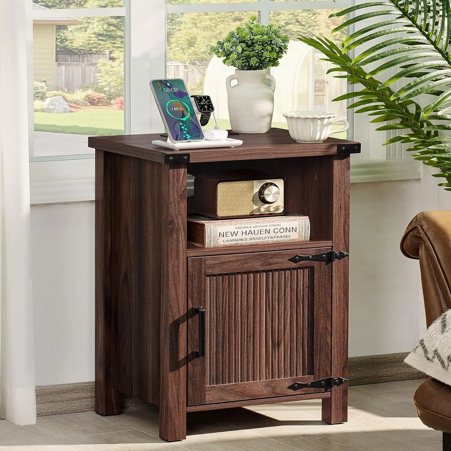 18 Inch Farmhouse Nightstand with Charging Station USB Ports Rustic Table