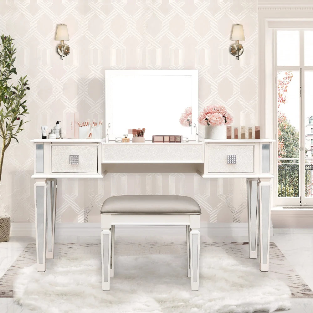 Luxury Mirrored Vanity Desk Set with Stool and Drawer Storage for Bedroom