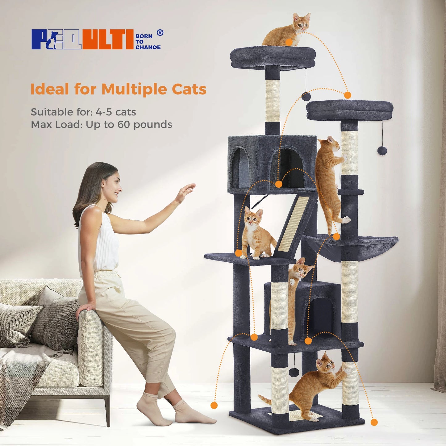 Multi-Level Cat Tree Indoor Tower with Scratching Posts Hammock Condo