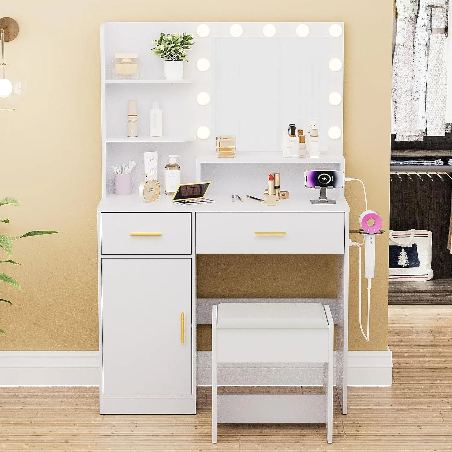 Makeup Vanity with Lights and Mirror White Vanity Desk with Storage